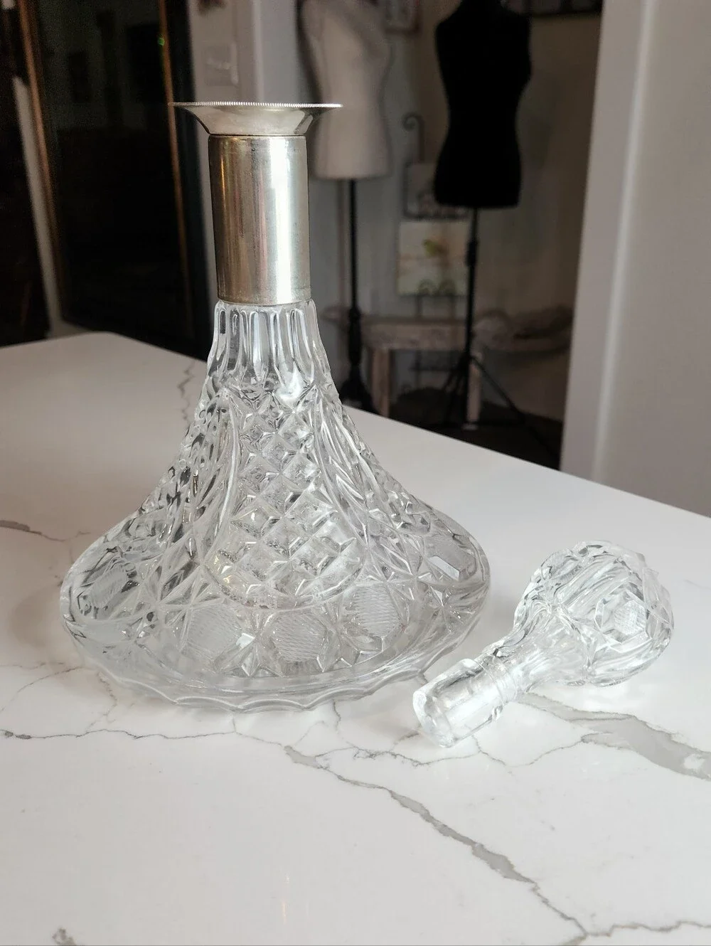 Vintage Cut Glass Ship's Captain Decanter with Silver Collar & Faceted Stopper